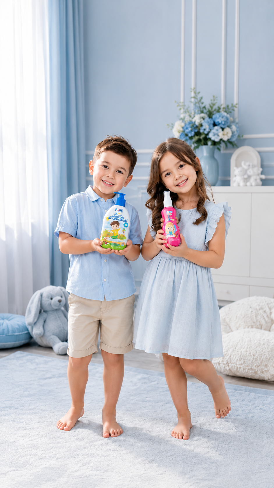Kakak beradik memegang produk PUREKIDS sambil tersenyum